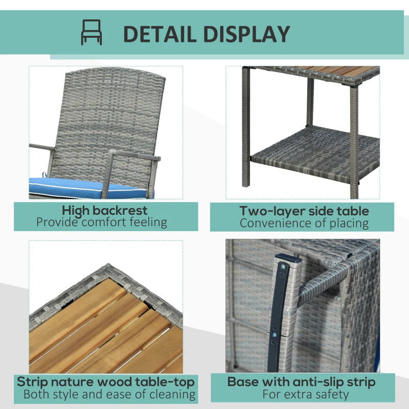 Outsunny 3 Piece Patio Rocking Chair Set, 2 PE Wicker Rocking Chairs, Cushioned, 1 Two-Tier Wood Slat Coffee Table, Rattan Front Porch Furniture, Blue