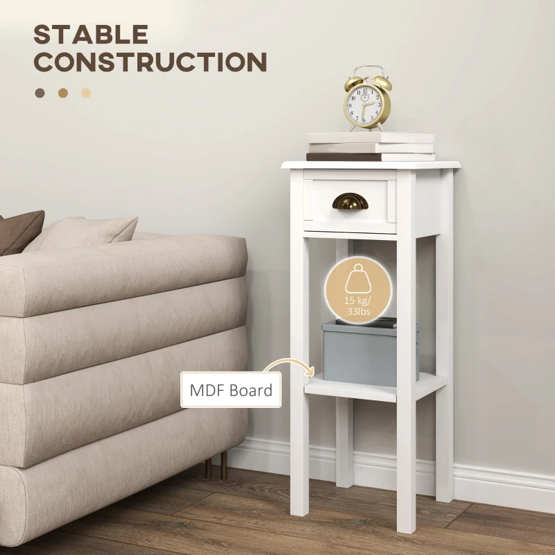 HOMCOM 2-Tier Side Tables Set of 2 with Drawer and Shelf, 2 Pieces End Tables for Living Room and Hallway, White