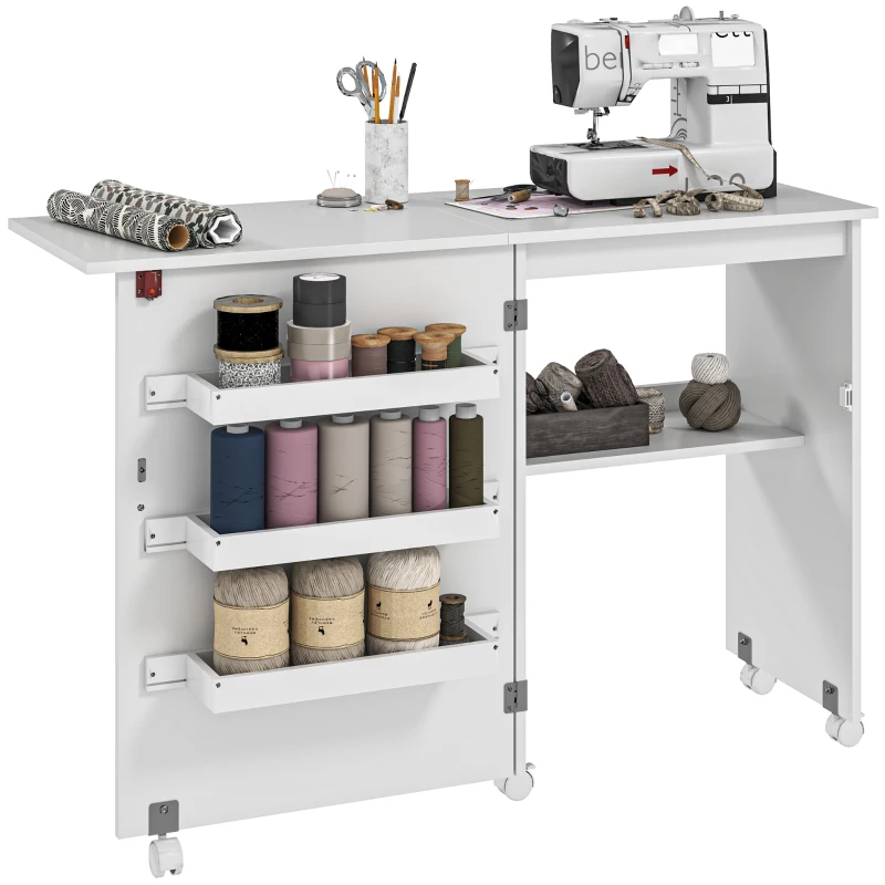 HOMCOM Sewing Machine Cabinet, Folding Sewing Table with Storage Shelf, Bins and Lockable Wheels for Small Space, White