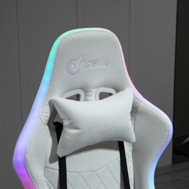 Vinsetto High Back Gaming Chair with RGB LED Lights, Adjustable Arms, and Lumbar Support, Racing Office Computer Chair with Head Pillow, White / Black