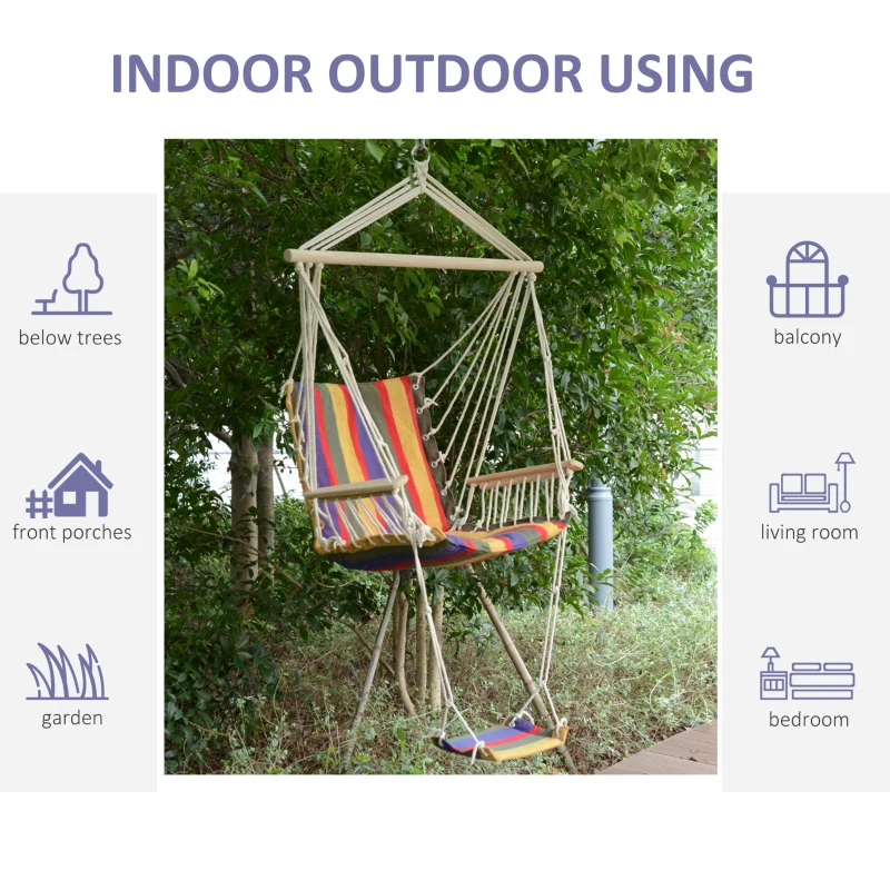 Outsunny Patio Hammock Chair, Portable Hanging Cotton Rope Hammock Swing Chair Sleeping Bed Seat with Footrest for Outdoor Garden Yard Camping Red