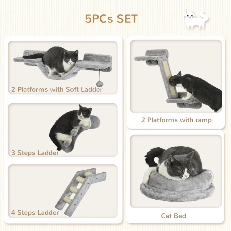 PawHut 5PCs Cat Wall Shelves with Steps, Perches, Ladders, Platforms, Gray