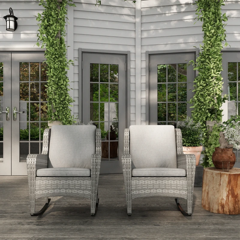 Outsunny 2 Piece Outdoor Wicker Rocking Chairs, Rattan Rockers with Cushions, Steel Frame for Patio, Garden, Backyard, Gray