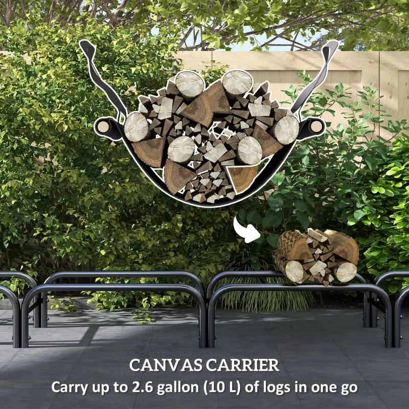 Outsunny 8ft Outdoor Firewood Rack with Cover and Carrier, Adjustable Wood Storage Holder, Indoor Outdoor Log Rack, Black