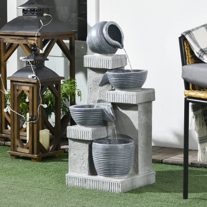 Outsunny 4-Tiered Outdoor Jar and Bowls Water Fountain with LED Lights, Adjustable Flow, 26.4-inch Resin Waterfall Fountain