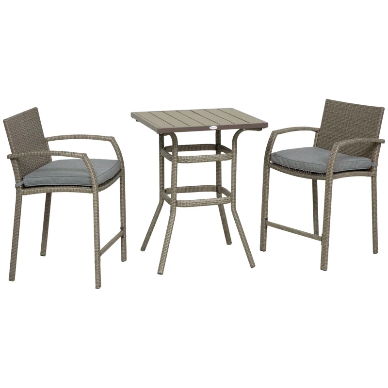 Outsunny 3 PCS Rattan Wicker Bar Set with Wood Grain Top Table and 2 Bar Stools for Outdoor, Patio, Poolside, Garden, Grey