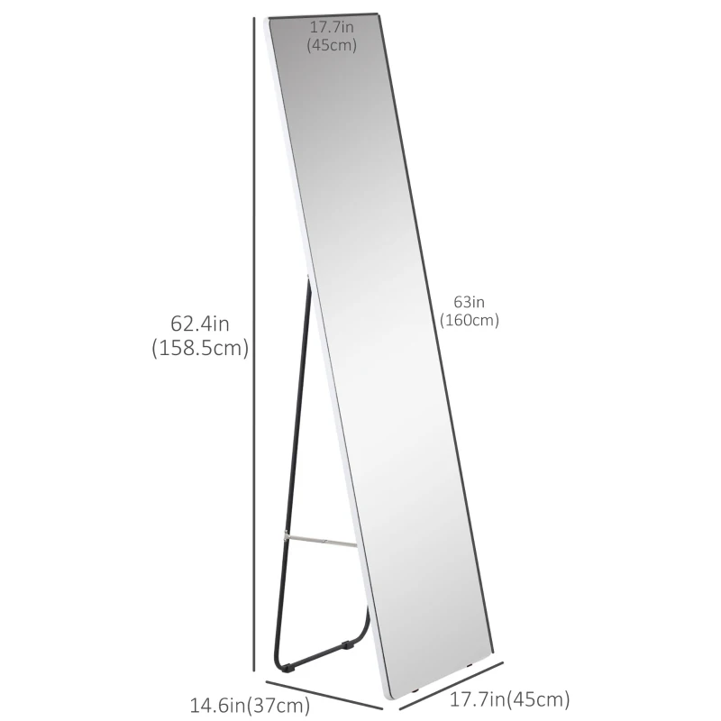 HOMCOM 63"x18" Full Length Mirror, Floor Standing, Wall-Mounted or Leaning Against Wall Tall Mirror w/Support Frame, Rectangular Full Body Mirror for Bedroom, Living Room, Silver