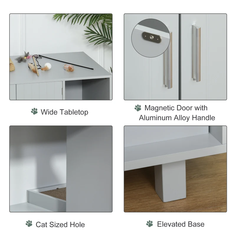 PawHut Wooden Cat Washroom Pet Litter Box Enclosure Kitten House Nightstand End Table with Scratcher Magnetic Doors Grey