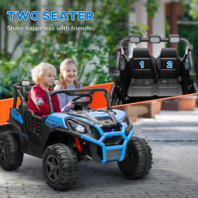 Qaba 2 Seater 24V Kids Electric Car w/ Remote Control, 3 Speed, LED Lights, Music, Horn, Spring Suspension, Slow Start, Blue