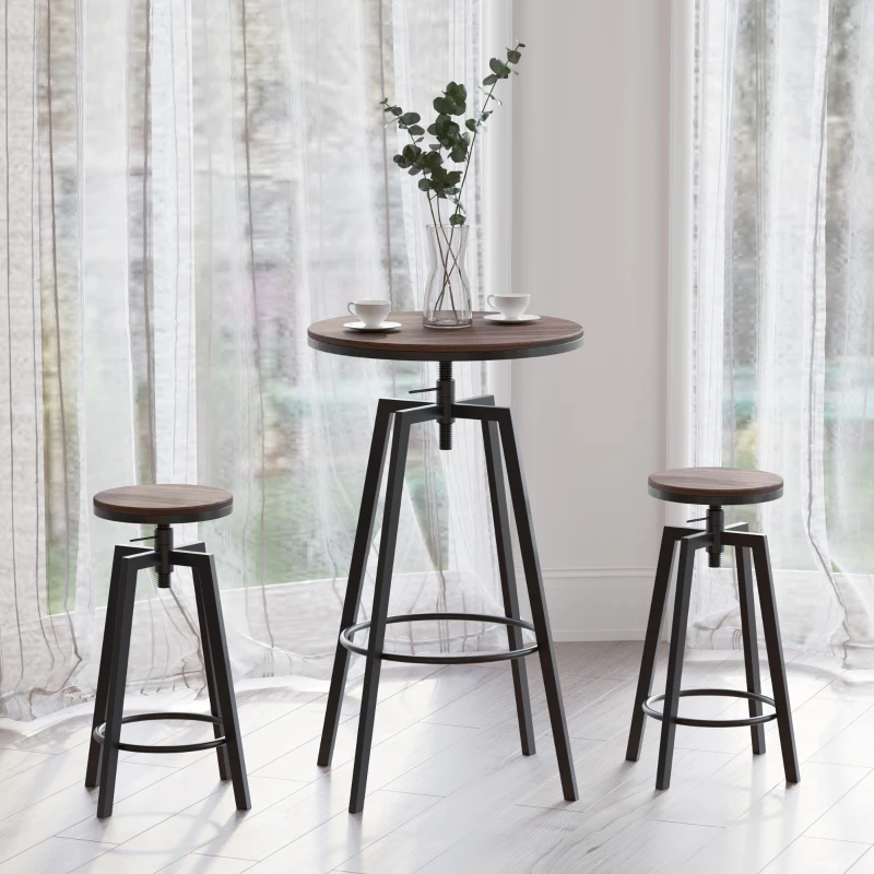 HOMCOM 3 Piece Industrial Adjustable Bar Table Set, Bar Height Bistro Table and Swivel Pub Stools for Small Space