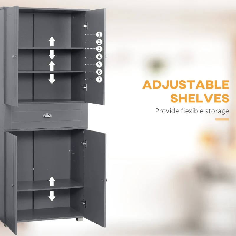 HOMCOM 72" Freestanding Kitchen Pantry Cabinet, Tall Storage Cabinet with 4 Doors, Drawer and Adjustable Shelves for Dining Room, Gray