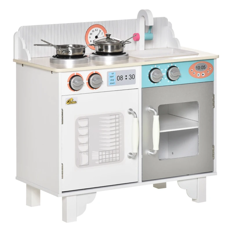 Qaba Kids Kitchen Play Cooking Toy Set, Educational Pretend Role Playset Game, with Sink, Faucet, Cooking Bench, Stainless Steel Pot, for 3-6 Years Old, White
