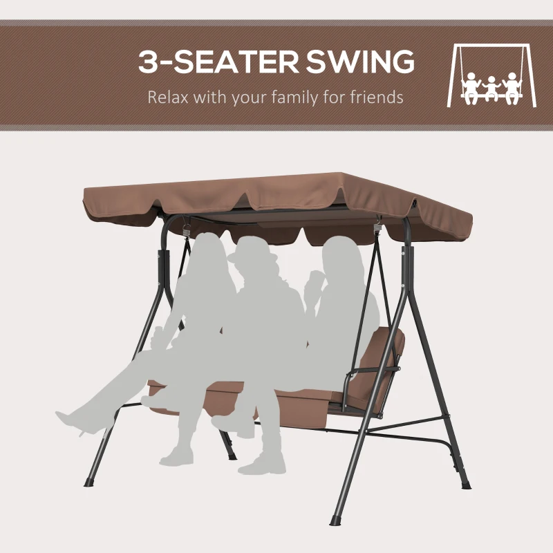 Outsunny Large Family Swing Set, 3-Seat Adjustable Canopy Swing Bench with Cushion, Steel Frame Stand for Patio, Garden, Family Use, Brown