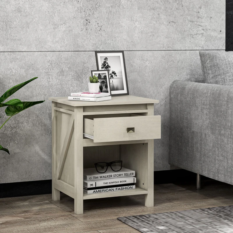 HOMCOM Bedside Table, Farmhouse Nightstand with with Drawer and Storage Shelf, Night Table for Bedroom, White