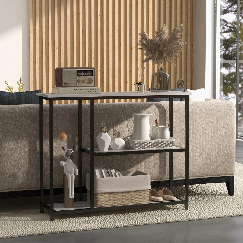 HOMCOM 39" Console Table, Entryway Table with 2 Storage Shelves, Steel Frame, Narrow Sofa Table for Living Room, Gray