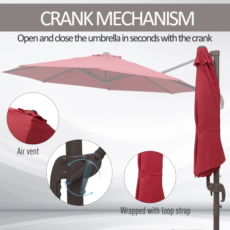 Outsunny 10ft Cantilever Patio Umbrella with 360° Rotation, Crank & Cross Base for Garden Deck Pool Backyard, Wine Red