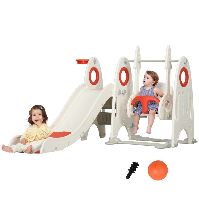 Qaba 4 in 1 Toddler Swing Set with Slide, Basketball Hoop, Climber & Basketball for Kids 1-3 Years Old, Red