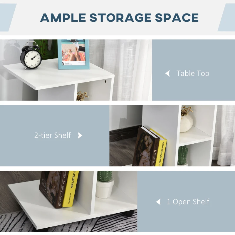 HOMCOM C-Shape Side Table End Table with Storage Open Shelf, Coffee Table on Wheels for Home Office Studio White