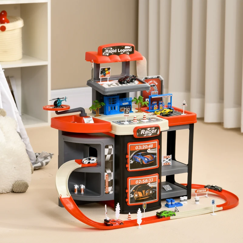 Qaba City Garage Playset with 65 Accessories, 2 in 1 Design Children Trolley, Car Ramp Toy Set with 6 Mini Racer Cars, Gifts for Kids Ages 3-6 Years Old