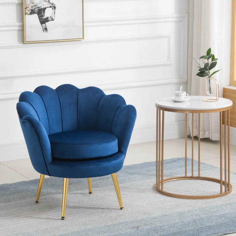 HOMCOM Velvet Armchair, Modern Accent Chair with Gold Metal Legs, Comfy Upholstered Barrel Chair for Living Room Bedroom Vanity Room, Blue