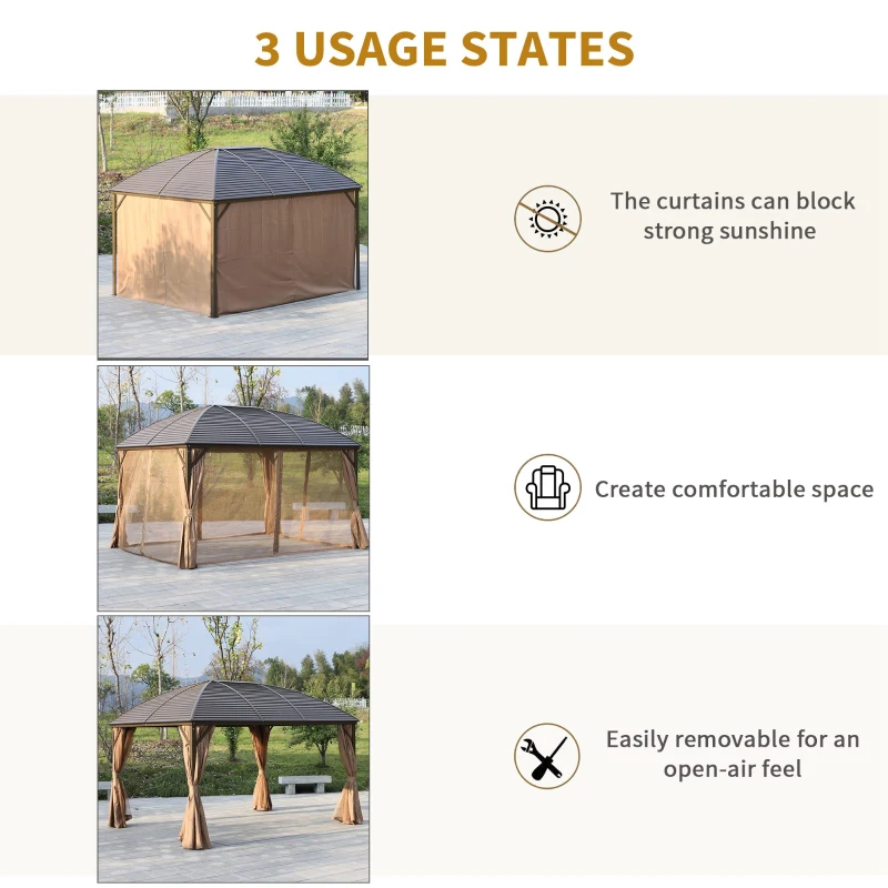 Outsunny 10' x 13' Hardtop Gazebo with Curtains, Netting, Pavilion with Steel Roof Ceiling Hook for Garden Patio, Brown