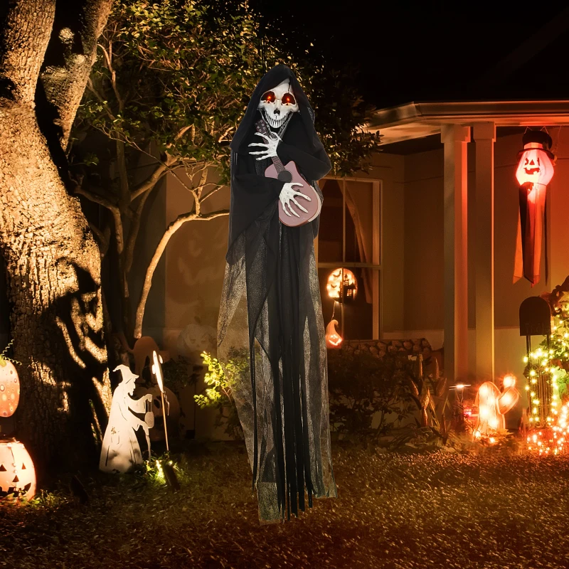 HOMCOM Guitar-Playing Grim Reaper Outdoor Halloween Decoration Animatronic