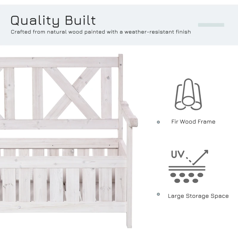 Outsunny Wooden Outdoor Storage Bench 2-Person Backyard Patio Bench with Louvered Side Panels & Wood Build, White