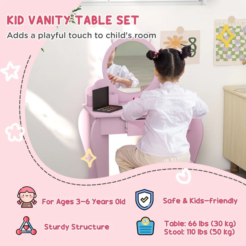 Qaba Makeup Vanity with Mirror and Stool, Cat Design, Drawer, Storage Boxes, for 3-6 Years Old, Pink