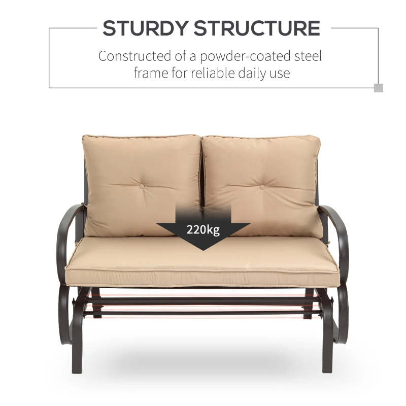 Outsunny 2-Person Outdoor Glider Chair, Patio Double Rocking Loveseat with Steel Frame and Cushions for Backyard, Garden and Porch, Khaki