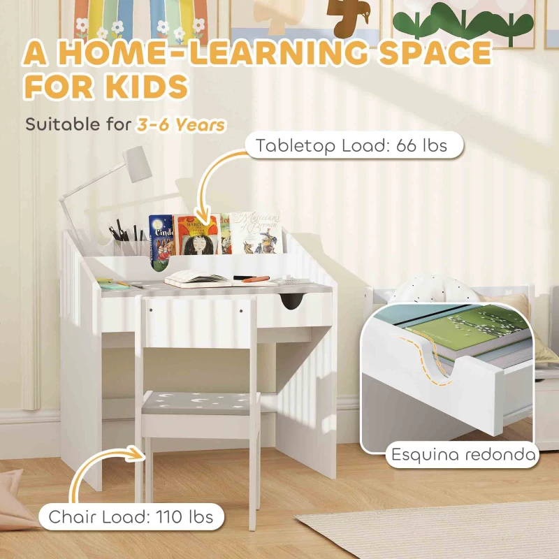 Qaba Kids Study Desk with Storage, Kids Desk and Chair Set for Bedroom & Study Room, Aged 3-6 Years, Gray