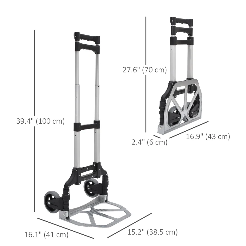HOMCOM Folding Hand Truck and Dolly with 2 Wheels for Moving, Heavy Duty Luggage Handcart, Aluminum Box Cart with 3 Level Adjustable Telescoping Handle for 154lbs Load Capacity
