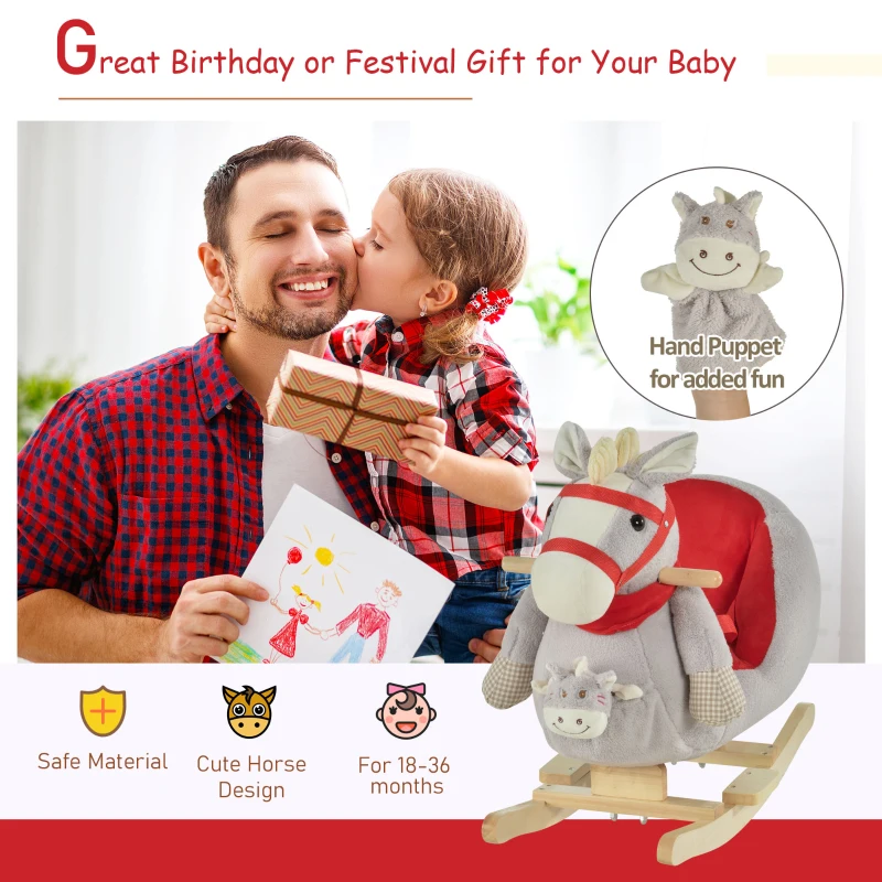 Qaba Kids Ride On Rocking Horse with Cradlesong Handle Grip Hand Puppet Traditional Toy Gift for Children 18-36 Months Rocking Toy for Toddler Grey
