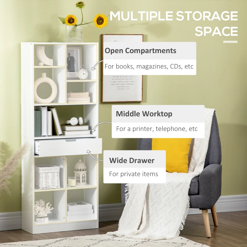 HOMCOM Tall Bookshelf with Drawer, Freestanding Bookcase for Bedroom, Living Room, Home Office, White
