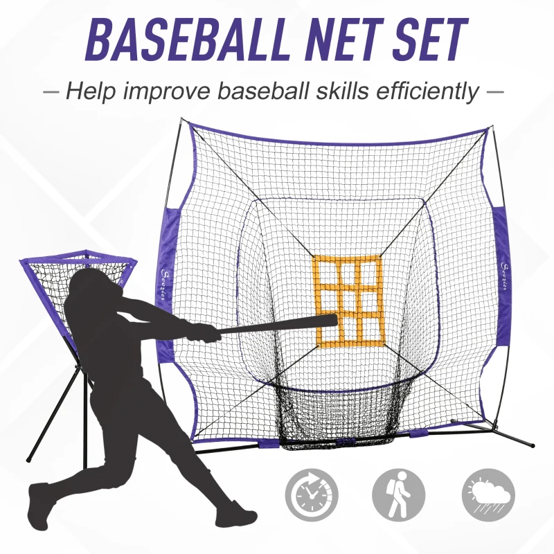 Soozier Baseball Practice Net Set with 7.5x7ft Catcher Net, Ball Caddy and Batting Tee, Portable Pitching Net with Carry Bag for Hitting, Pitching, Batting, Catching, Purple