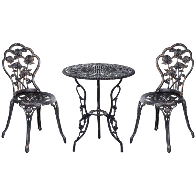 Outsunny 3 Pieces Aluminum Bistro Set, Bistro Table Set Outdoor Patio Furniture with Umbrella Hole, Patio Table and Chairs with Floral Patterns for Garden, Balcony, Porch, Bronze