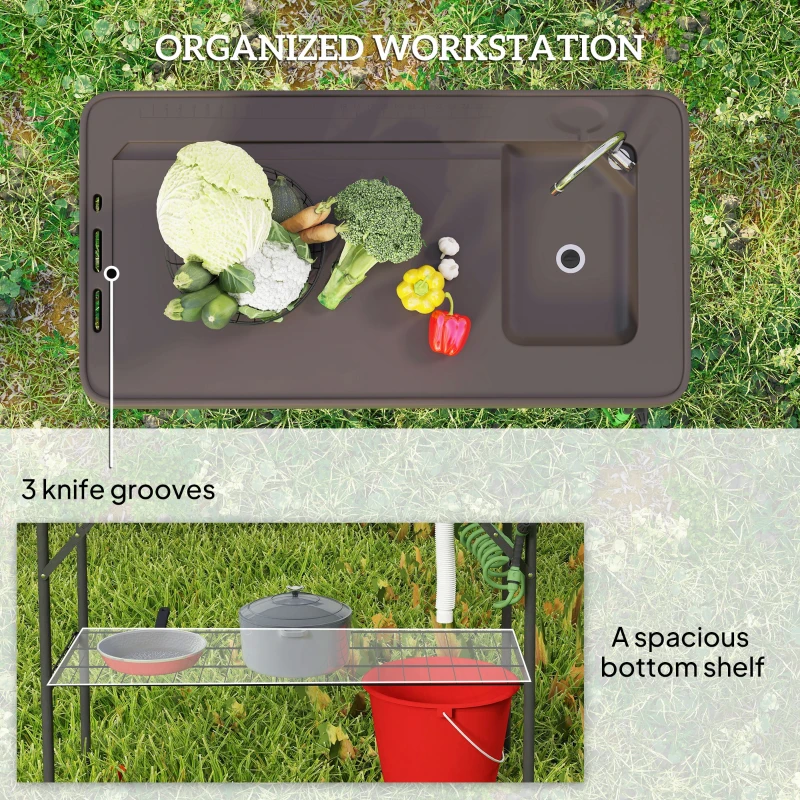 Outsunny Folding Fish Cleaning Table with Sink, Portable Camping Table with Faucet, Drainage Hose, Sprayer and Shelf, Tan