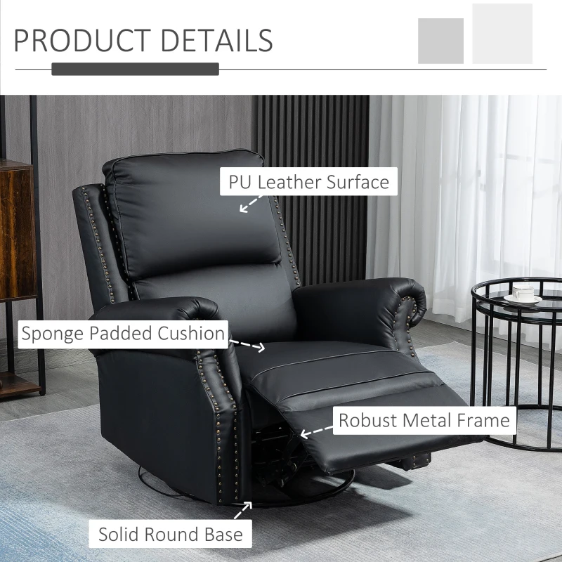 HOMCOM Manual Recliner Chair 360° Swivel Rocking Chair Sofa with PU Leather Padded Cushion and Backrest for Living Room Black