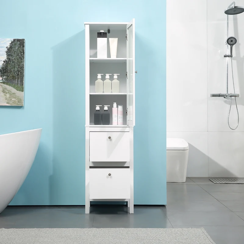 kleankin Tall Bathroom Cabinet with Tempered Glass Door, Storage Organizer, Freestanding Linen Tower with 2 Adjustable Shelves and 2 Drawers, White