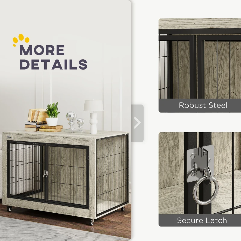 PawHut 39" Dog Crate Furniture End Side Table with Wheels, Interchangeable Side Door, for Large Dogs, Gray