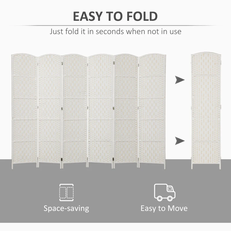 HOMCOM Room Divider, 6 Panel Folding Privacy Screen, 6FT Tall Portable Weave Partition Wall Divider for Bedroom, White