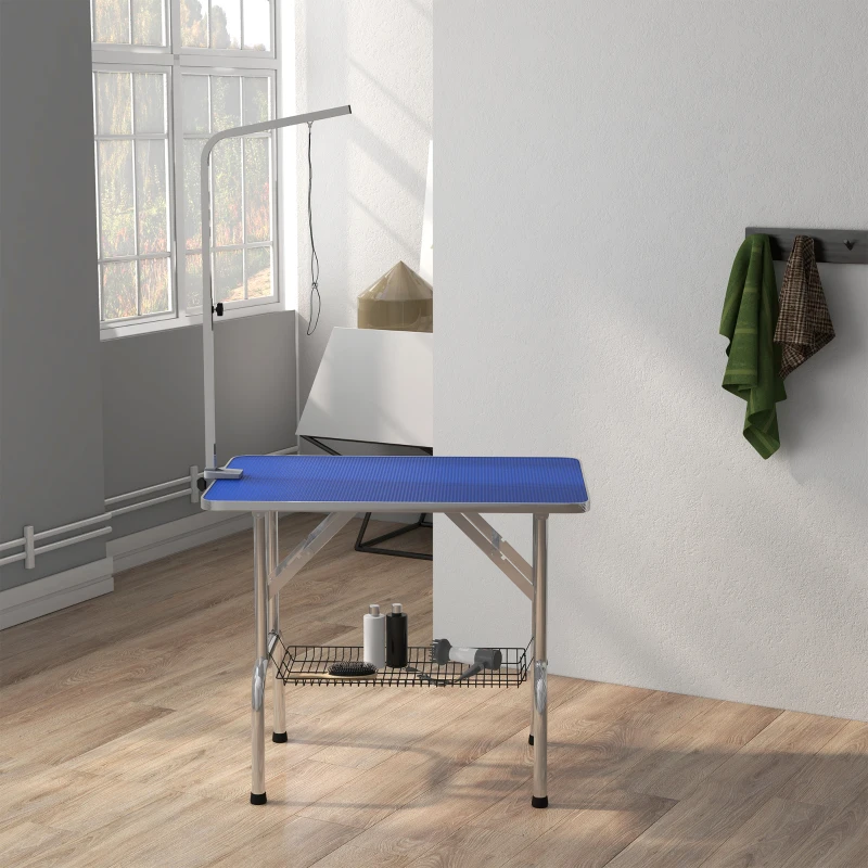 PawHut Foldable Grooming Table for Dogs with Height Adjustable Grooming Arm, Storage Shelf, Blue
