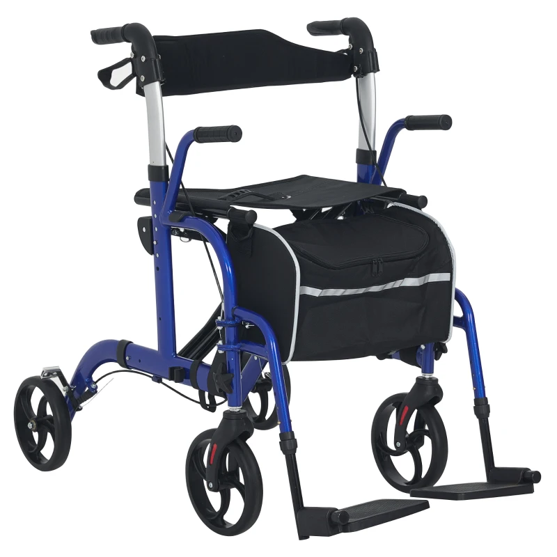 HOMCOM Rollator Walker with Seat, Folding Rolling Walker with 8" Wheels, Walker for Seniors with Adjustable Height, Blue