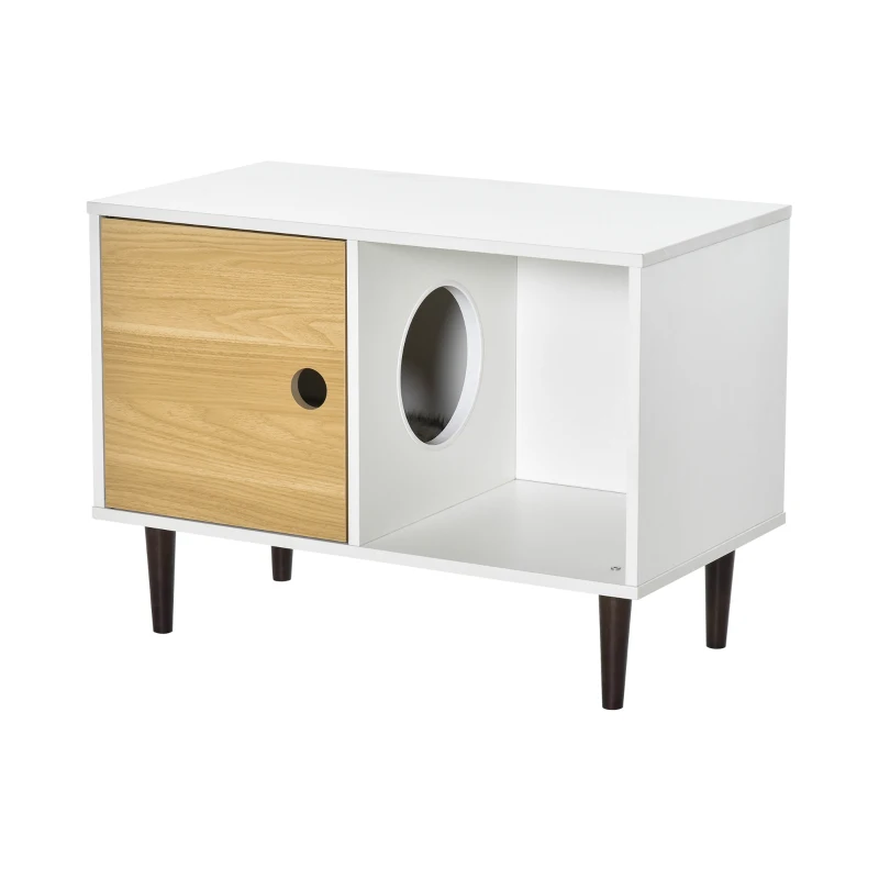 PawHut Wooden Cat House with Soft Cushion, Decorative Kitten Condo Side Table, Elevated Pet House with Storage Space