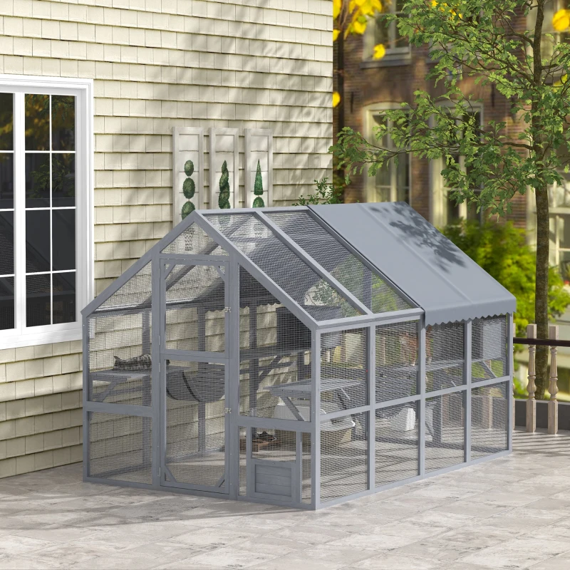 PawHut Wooden Catio Outdoor Cat Enclosure with Waterproof Cover, 2 Condos, 6 Platforms, Bridge, Doors, Gray