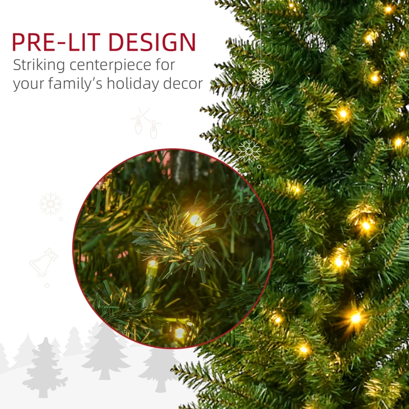 HOMCOM 6' Tall Pre-Lit Slim Noble Fir Artificial Pencil Christmas Tree with 200 Warm White LED Lights and 390 Tips, for Christmas Decoration, Green