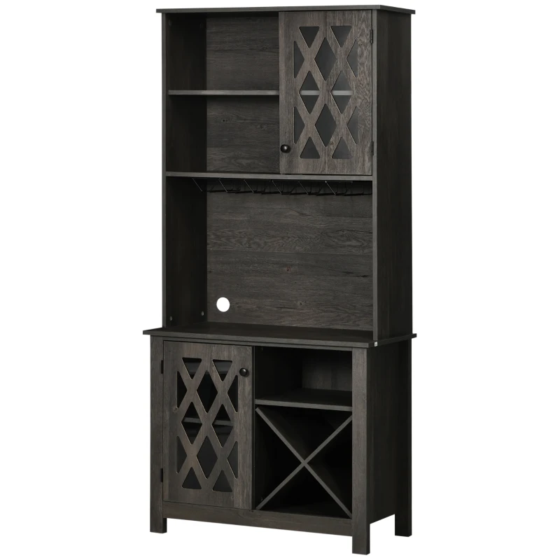 HOMCOM 72" Kitchen Pantry, Buffet with Hutch, Cupboard for Microwave, 2 Door Cabinets, Wine Glasses Rack, Wine Rack, Dark Grey