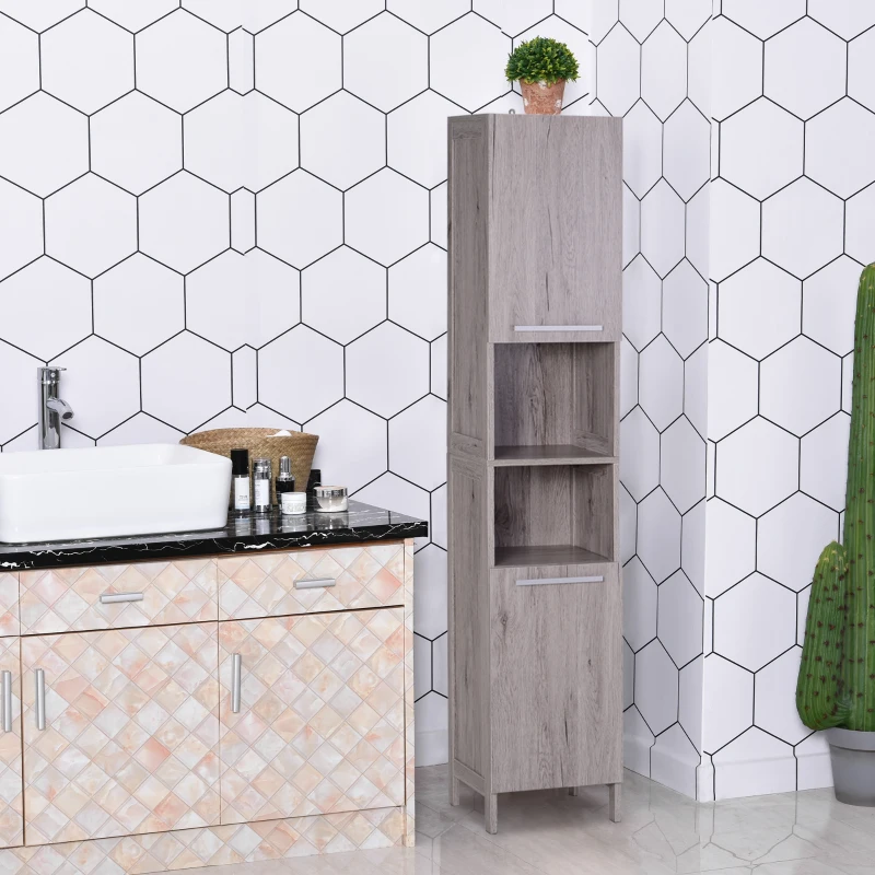 Kleankin Bathroom Storage Cabinet 68'' Organizer Tall Tower Cupboard w/ Shelves Wood Grain Freestanding Furniture