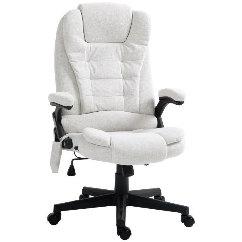 HOMCOM 6 Point Vibrating Massage Office Chair with Heat, Linen High Back Massage Desk Chair with Reclining Backrest, White(m-11)