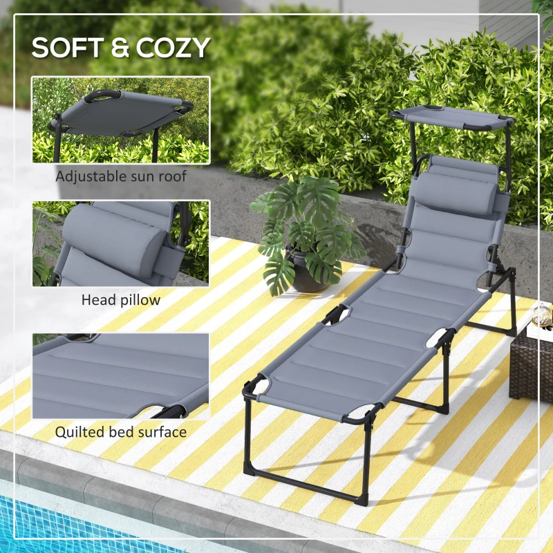 Outsunny Outdoor Lounge Chair, 4 Position Adjustable Backrest, Folding, Cushioned w/ Sun Shade Roof & Pillow, Gray