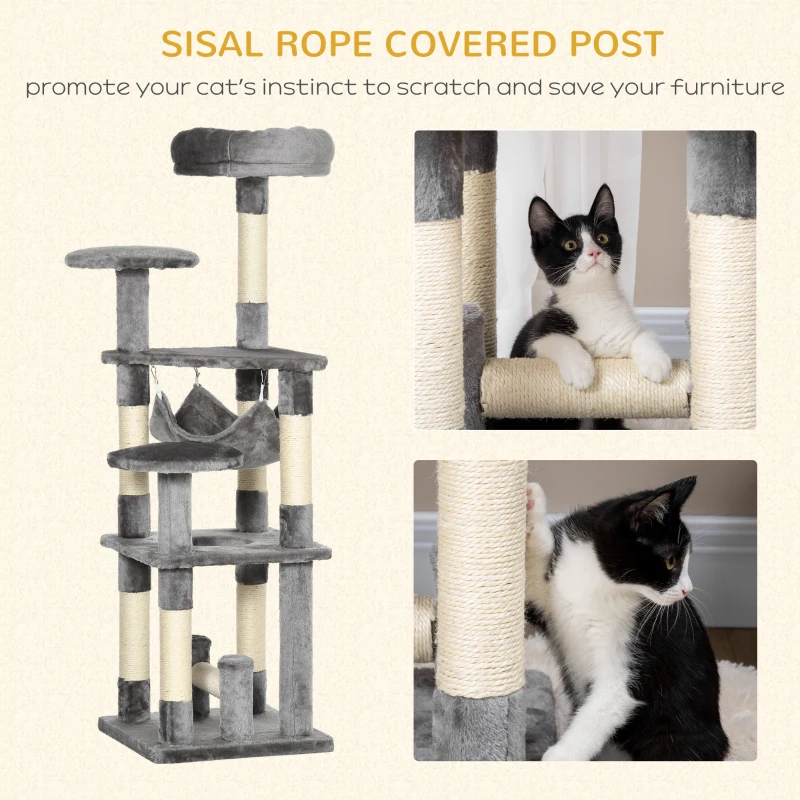 PawHut 52" Multi-Level Cat Tree Tower, Kitten Scratcher Activity Center Play House with Hammock - Grey